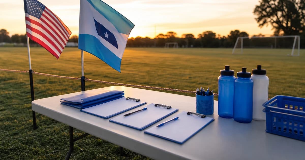 Empty community soccer field at dusk with US and Latin American pennant flags on a sideline rope beside a folding registration table.