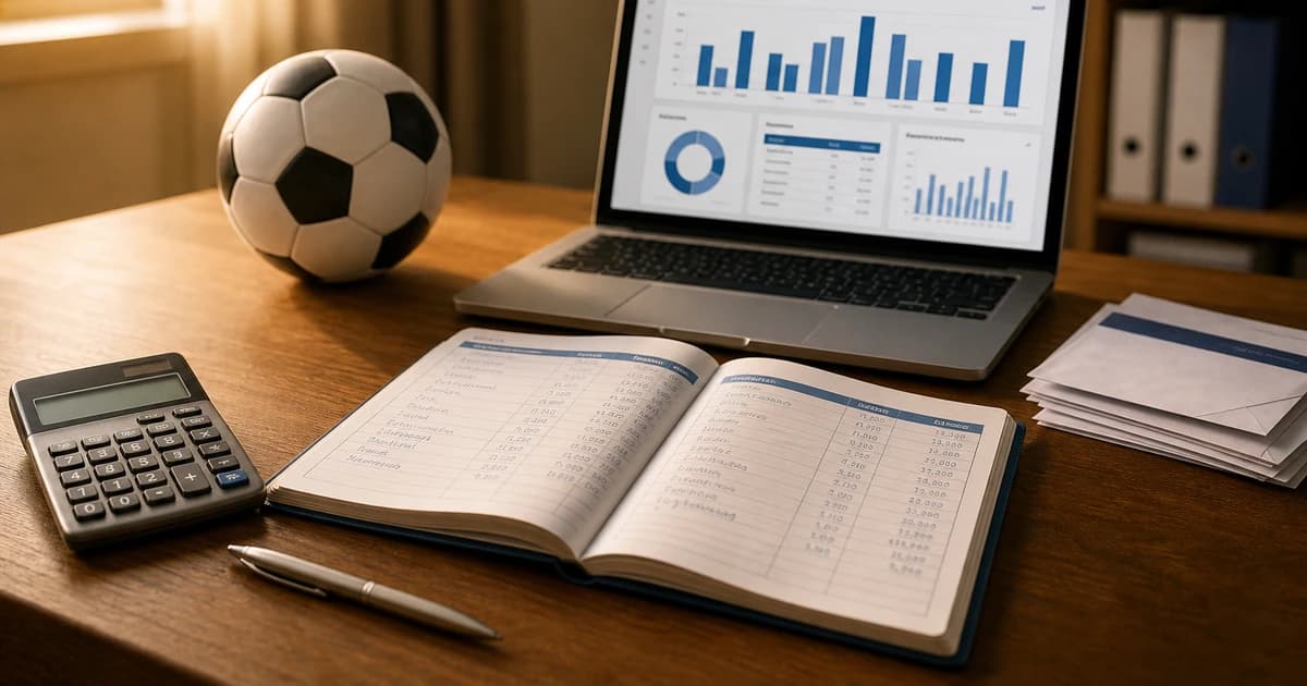 A treasurer's desk with an open ledger, calculator, laptop dashboard, and soccer ball in warm afternoon light.