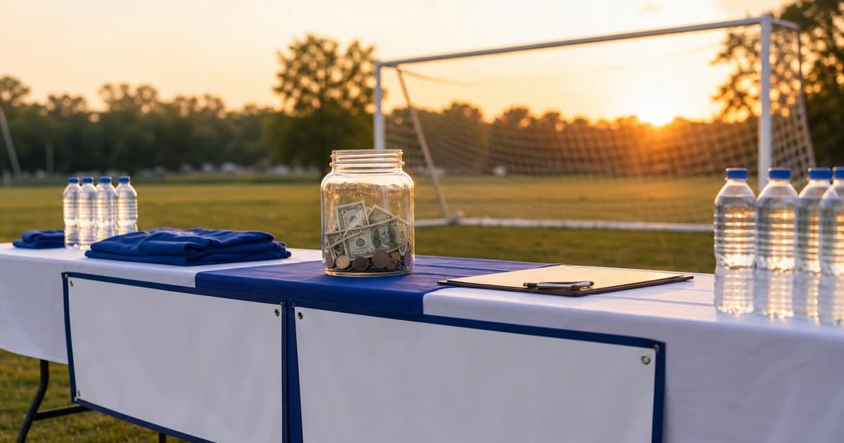 An empty outdoor youth soccer fundraiser table at golden hour with a donation jar, water bottles, and a ball illustrating youth soccer fundraising ideas in action.