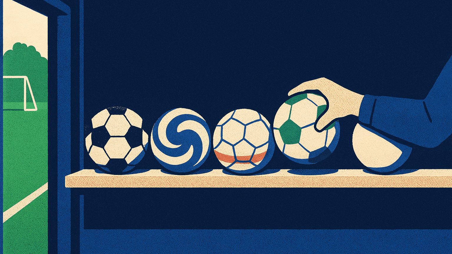 Screenprint-style illustration of an equipment shed at a soccer ground, where a hand lifts one of five differently patterned soccer balls from a wooden shelf, with a goal visible through the open door.