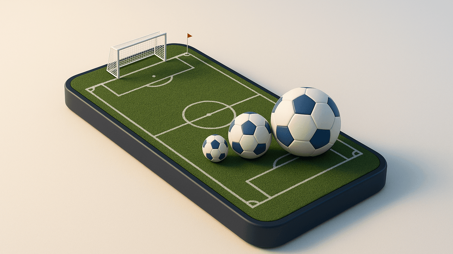 Ilustración 3D de un teléfono inteligente cuya pantalla es una cancha de fútbol de césped en miniatura, con tres balones de fútbol alineados sobre ella en tamaño creciente, pequeño, mediano y grande.